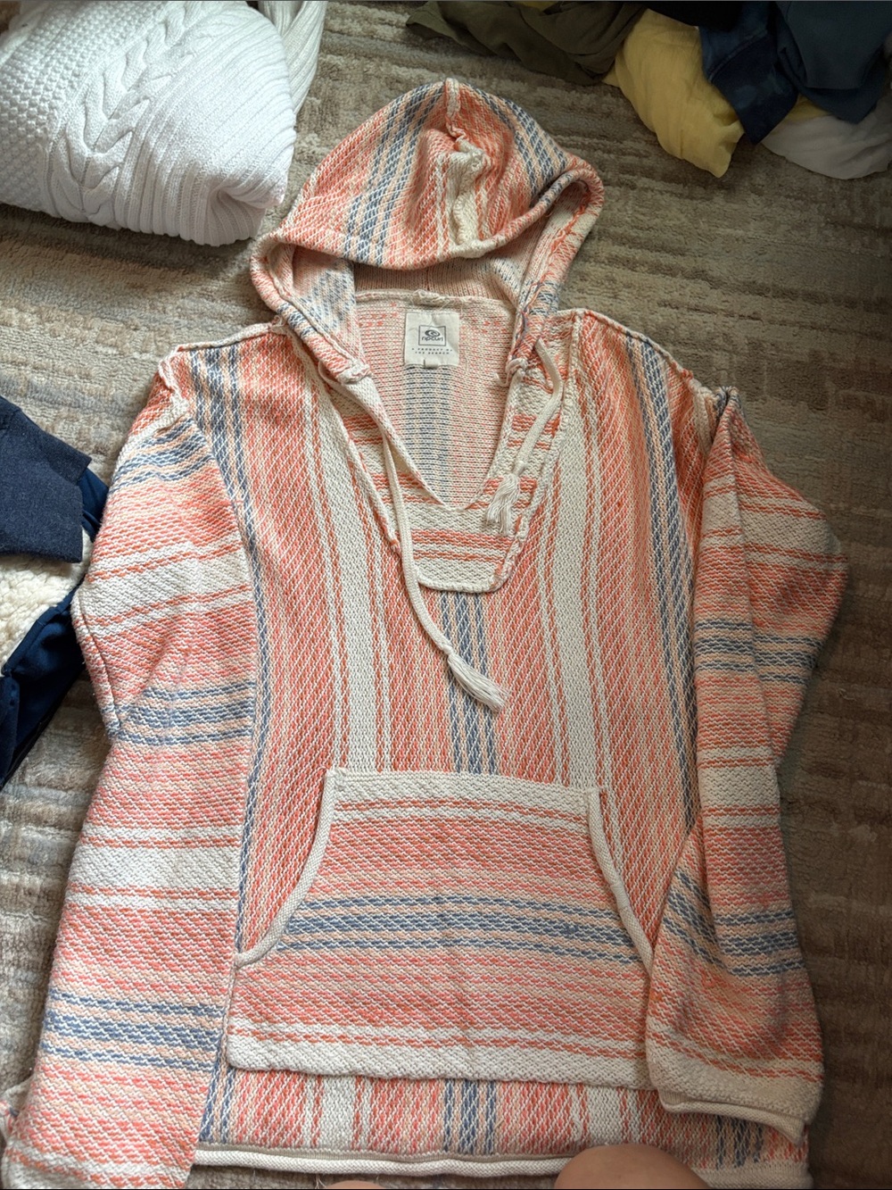 Rip Curl Striped Hooded Baja Sweater in Peach, Cream and Light Blue